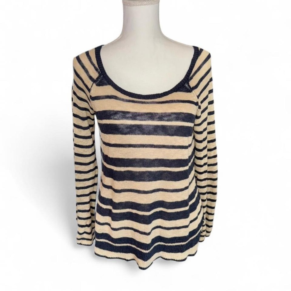 LUCKY BRAND STRIPED NAVY TAN LADIES LIGHTWEIGHT‎ SWEATER XS